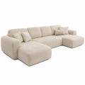 Grand canap¨¦ d'angle panoramique convertible en velours beige pour 6 personnes