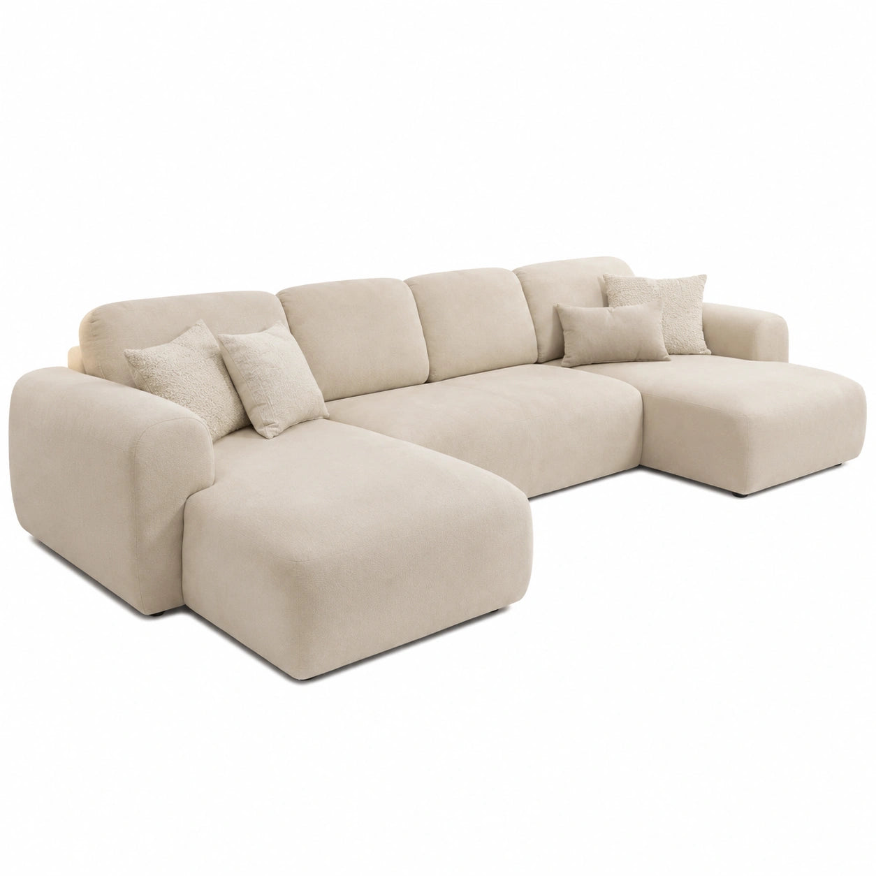 Grand canap¨¦ d'angle panoramique convertible en velours beige pour 6 personnes