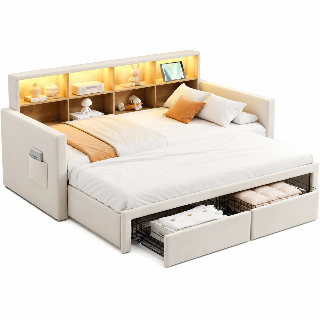Canap¨¦-lit rembourr¨¦ 90x190 avec lit gigogne, LED, ports USB, 2 tiroirs de rangement, velours