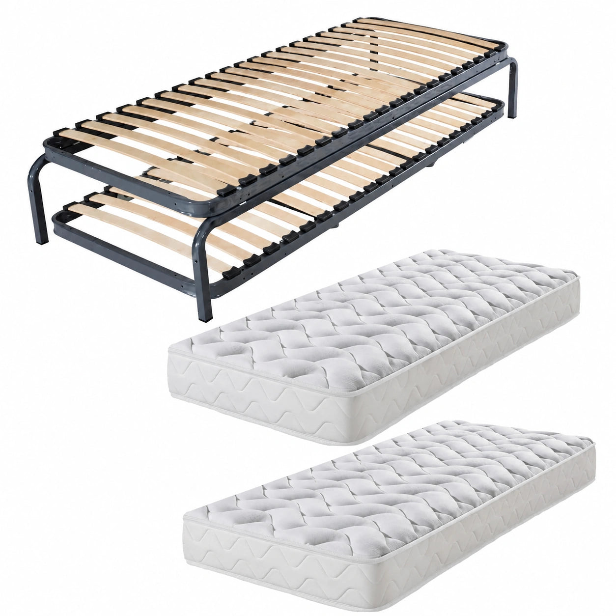 Lit gigogne m¨¦tal avec matelas 80x190 et lattes en bois