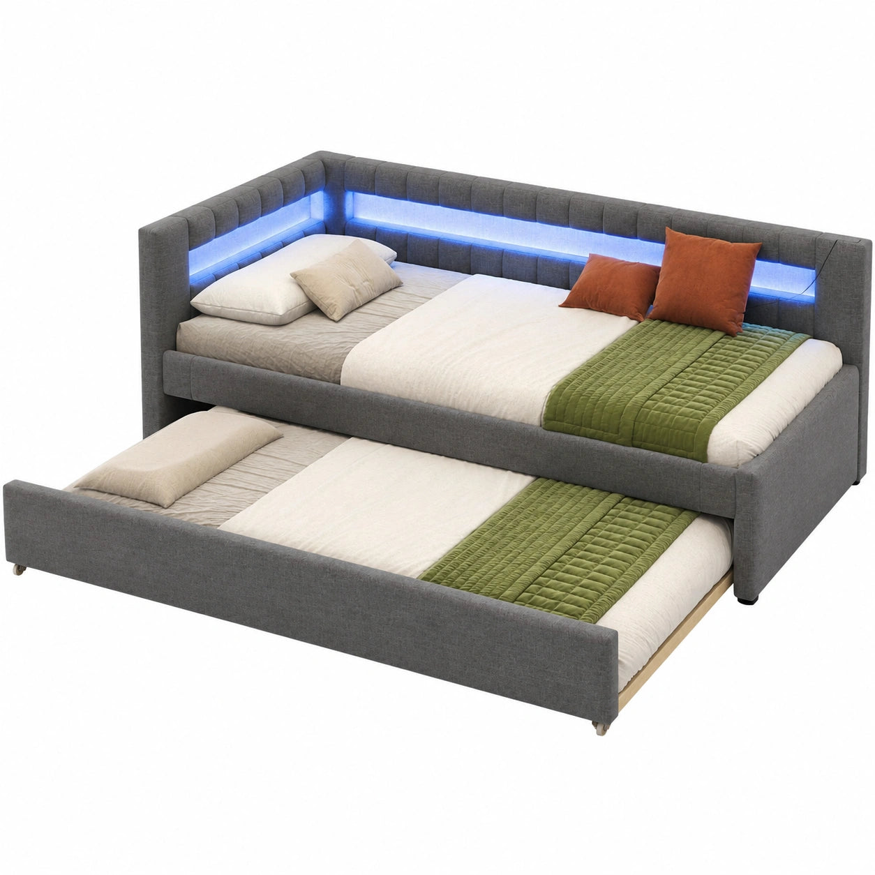 Canap¨¦-lit polyvalent avec ¨¦clairage LED et ports USB-C, lit gigogne inclus, structure en lin robuste pour adolescents et adultes