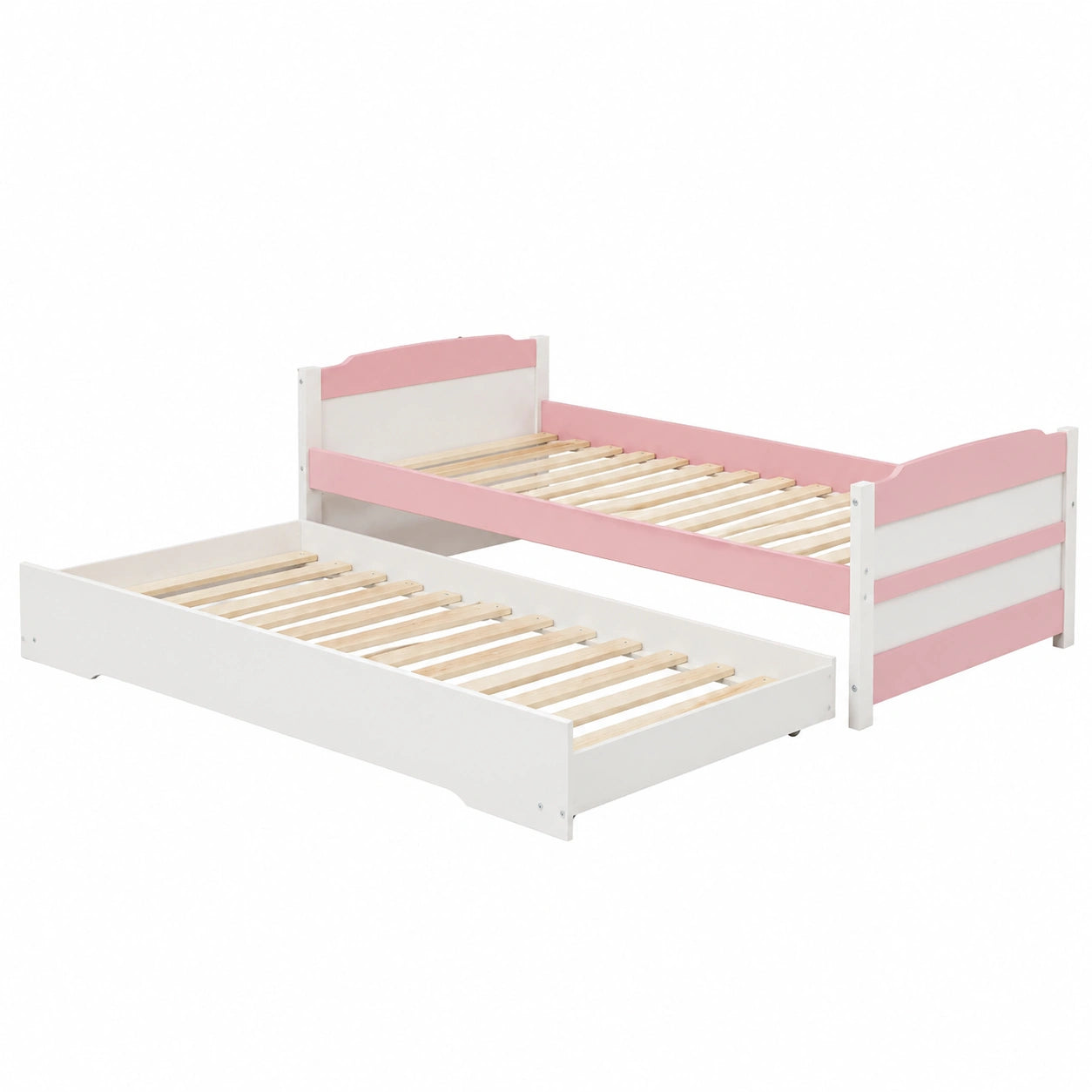 Lit gigogne fonctionnel avec tiroir 90 x 190 cm en pin massif blanc et rose