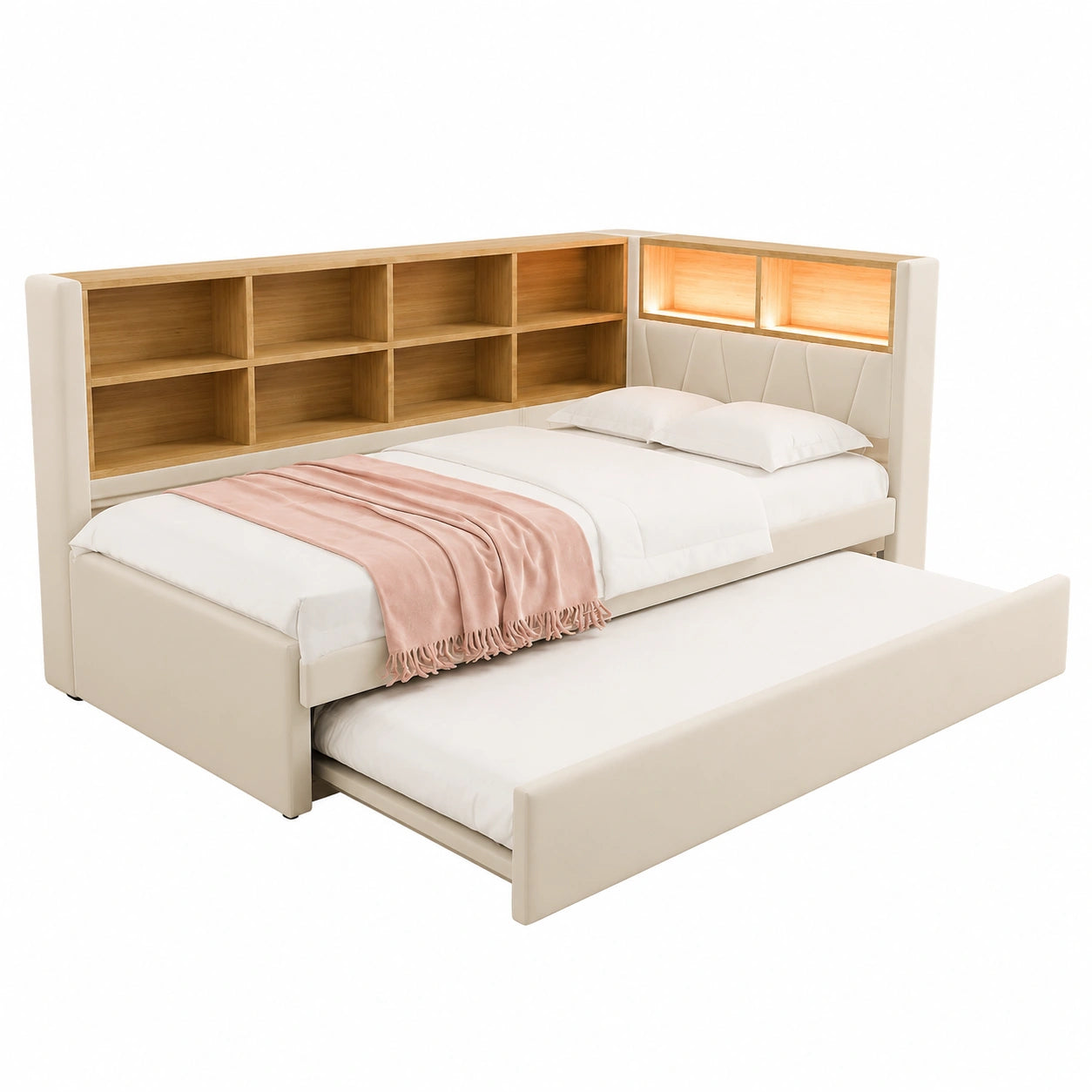 Canap¨¦-lit extensible avec rangement et lumi¨¨res LED, flanelle beige
