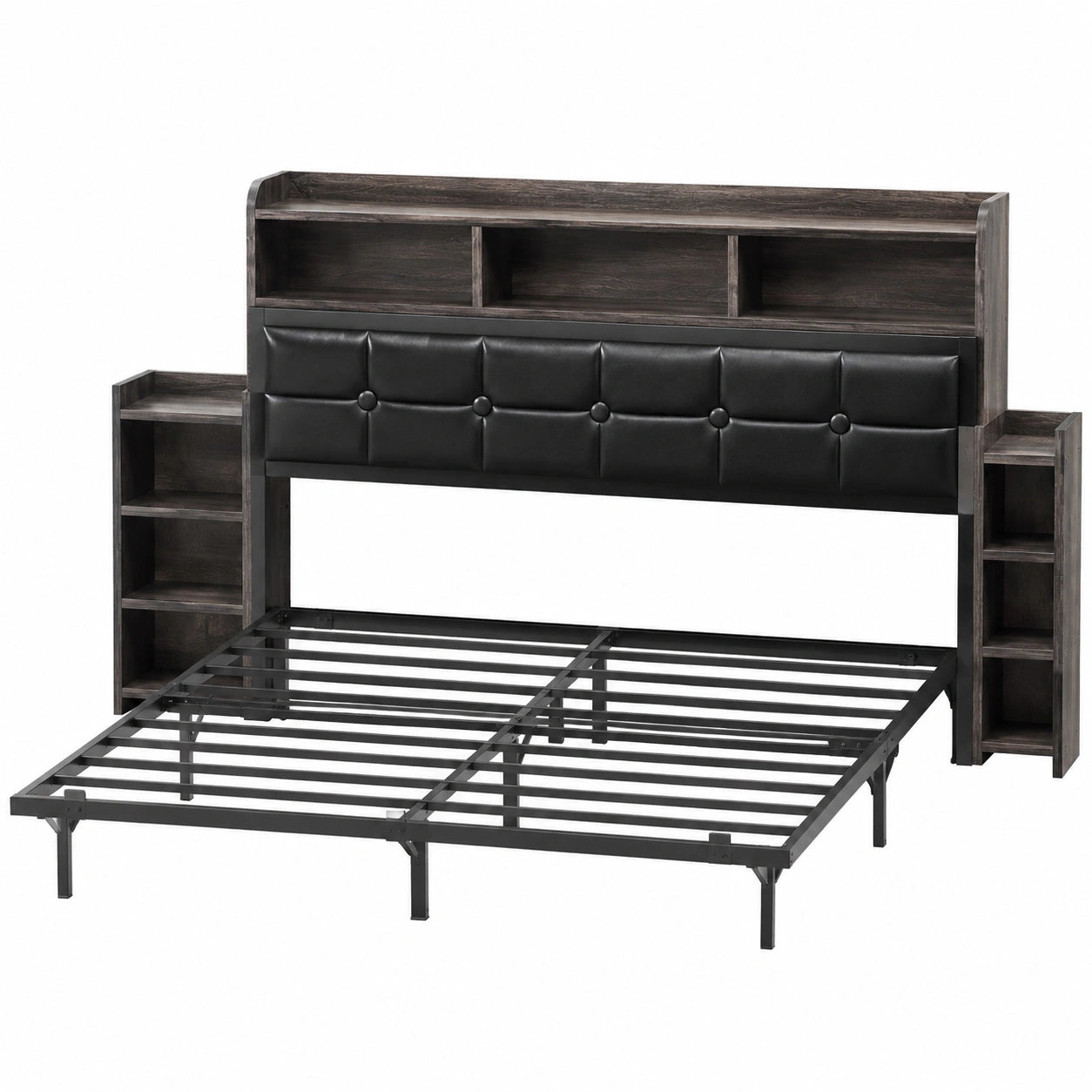 Lit double 140 x 190 cm avec sommier LED et USB, tables de chevet gigognes