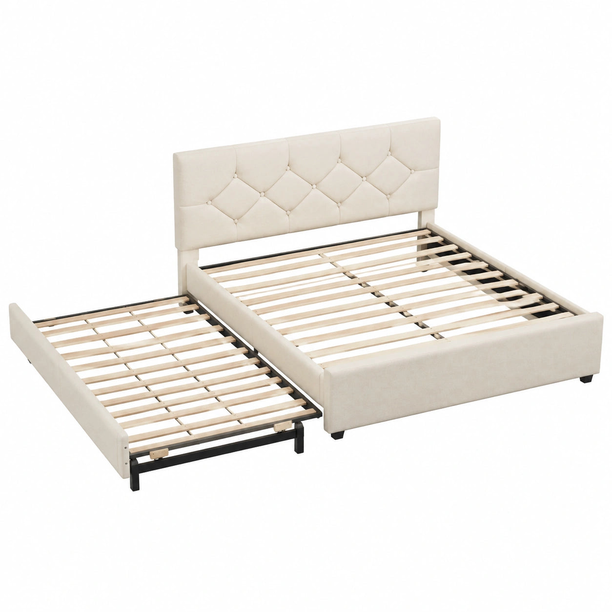 Lit Double Rembourr¨¦ avec Lit Gigogne et Sommier Robuste, Velours Beige