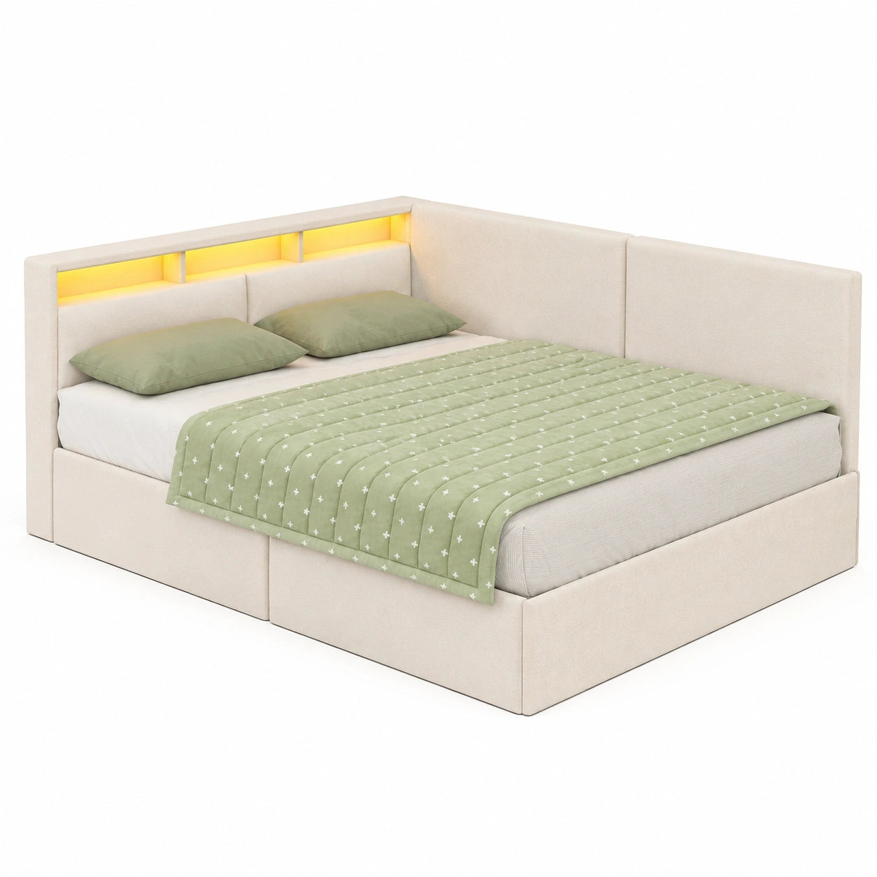 Canap¨¦-lit 140 x 200 avec LED et ports USB, t¨ºte de lit capitonn¨¦e et ¨¦tag¨¨res ouvertes, lit double avec rangement, lattes en bois, couleur beige