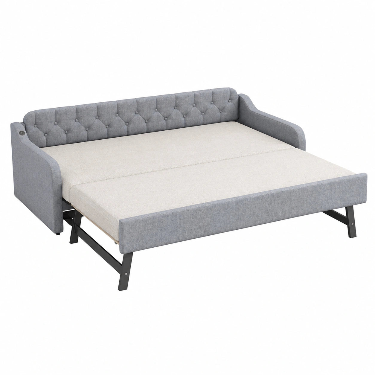 Lit extensible en lin avec sommier ¨¤ lattes et port USB, gris
