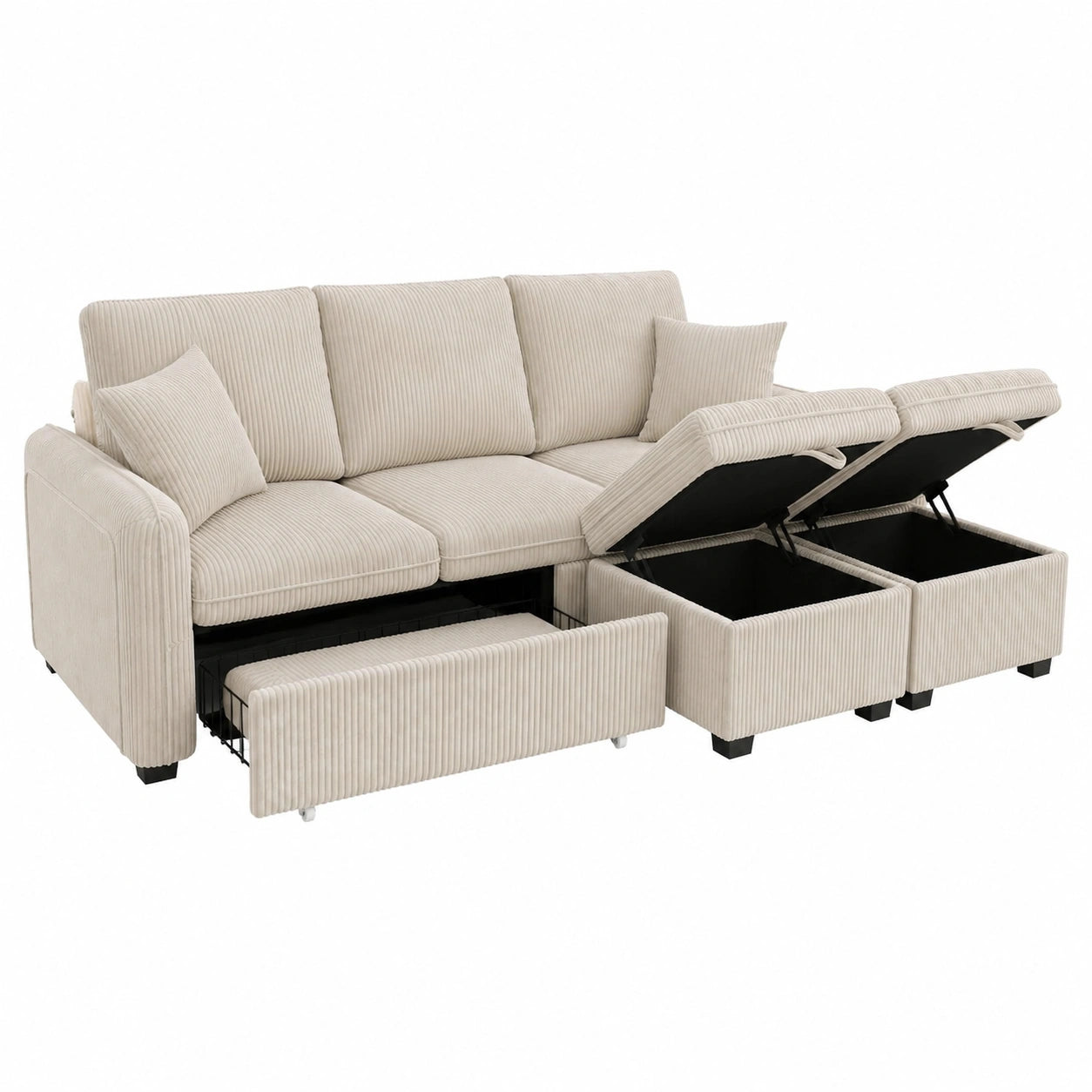 Canap¨¦ d'angle convertible avec rangement, modulable, tissu c?tel¨¦, beige